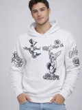 Erkek 3 İplik Pamuklu Kapüşonlu Baskılı SweatShirt hoodie - Beyaz