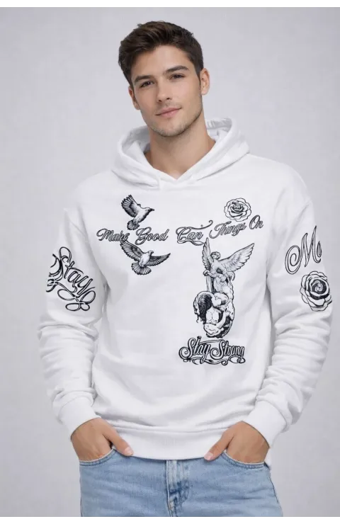 Erkek 3 İplik Pamuklu Kapüşonlu Baskılı SweatShirt hoodie - Beyaz