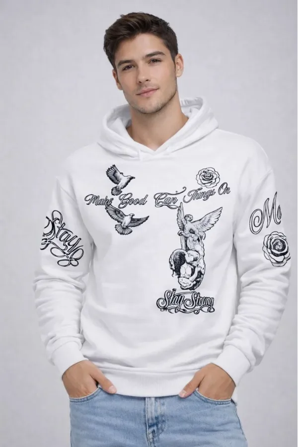 Erkek 3 İplik Pamuklu Kapüşonlu Baskılı SweatShirt hoodie - Beyaz