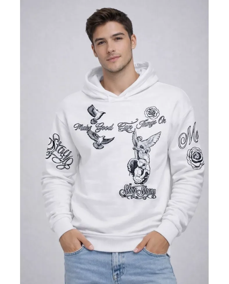 Erkek 3 İplik Pamuklu Kapüşonlu Baskılı SweatShirt hoodie - Beyaz