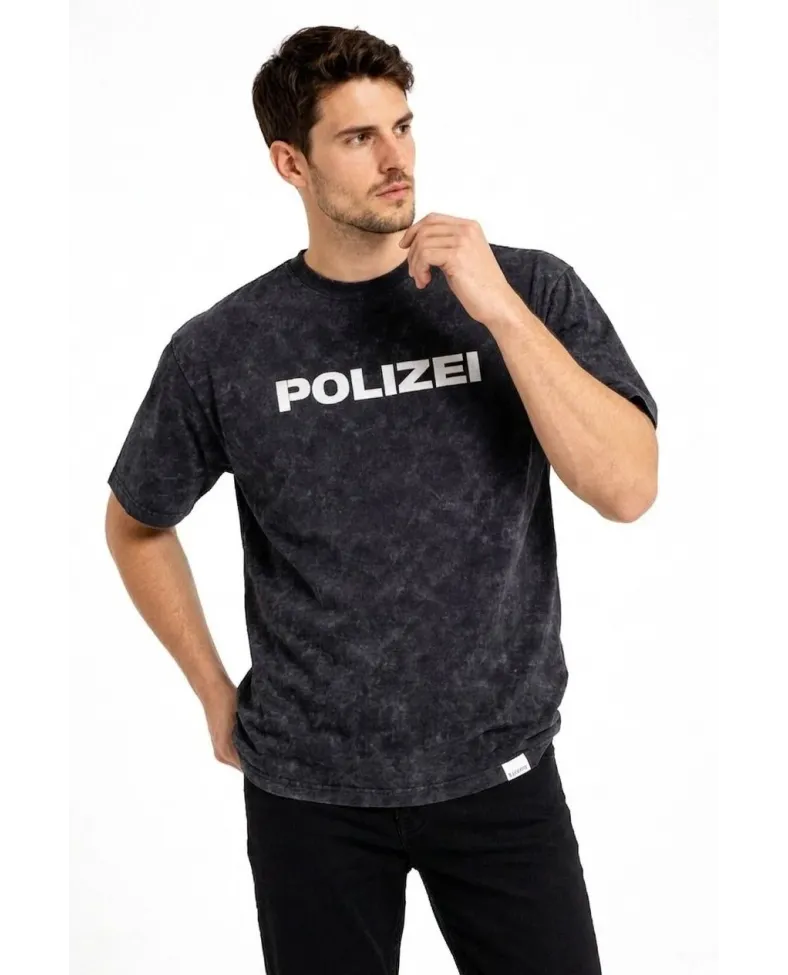 Erkek Asit Yıkamalı Baskılı Tişört Bisiklet Yaka Kısa Kollu Streetwear T-shirt - Siyah