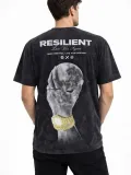 Erkek Asit Yıkamalı Baskılı Tişört Bisiklet Yaka Kısa Kollu Streetwear T-shirt - Siyah