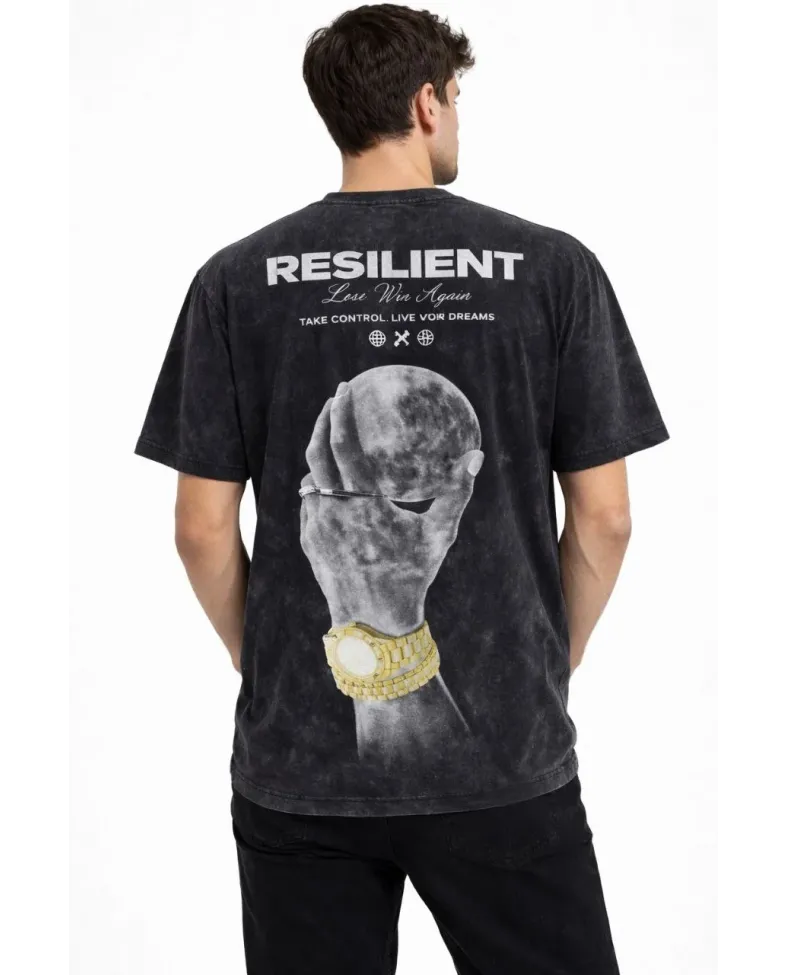 Erkek Asit Yıkamalı Baskılı Tişört Bisiklet Yaka Kısa Kollu Streetwear T-shirt - Siyah