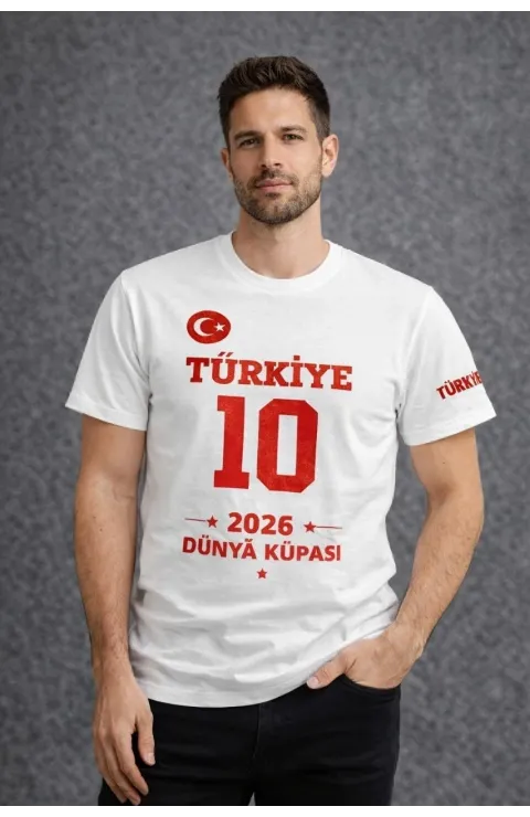 Erkek TÜRKİYE Baskılı Tişört 2026 Dünya Kupası Taraftar Forma T-Shirt - Beyaz