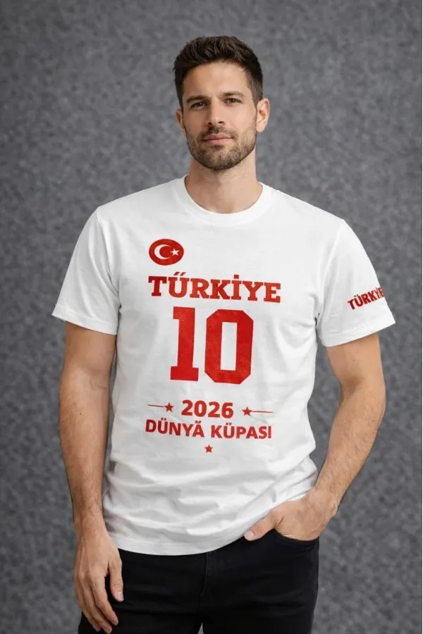 Erkek TÜRKİYE Baskılı Tişört 2026 Dünya Kupası Taraftar Forma T-Shirt - Beyaz
