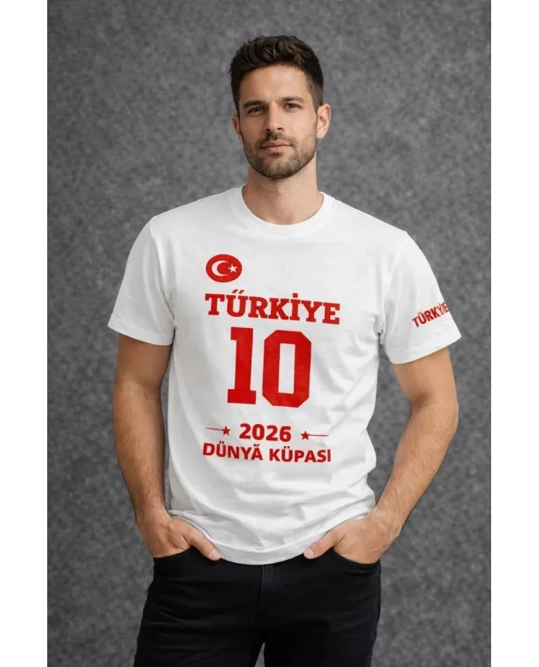 Erkek TÜRKİYE Baskılı Tişört 2026 Dünya Kupası Taraftar Forma T-Shirt - Beyaz
