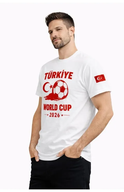 Erkek Türkiye World Cup 2026 Baskılı Tişört Futbol Temalı Forma T-Shirt - Beyaz