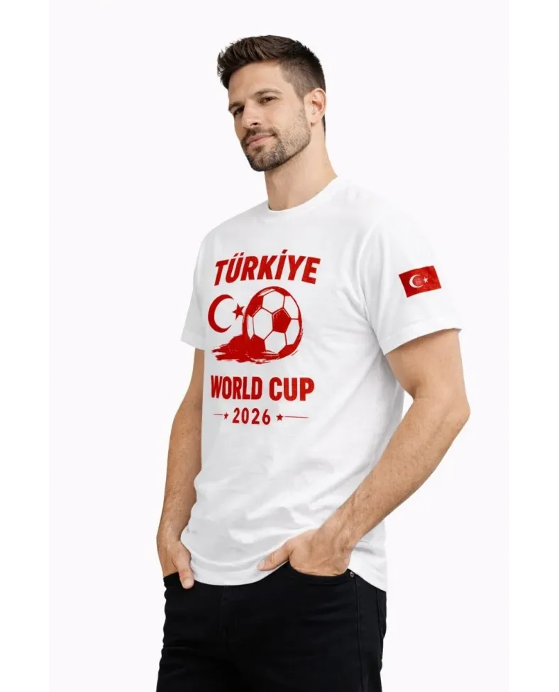 Erkek Türkiye World Cup 2026 Baskılı Tişört Futbol Temalı Forma T-Shirt - Beyaz