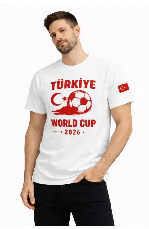Erkek Türkiye World Cup 2026 Baskılı Tişört Futbol Temalı Forma T-Shirt - Beyaz