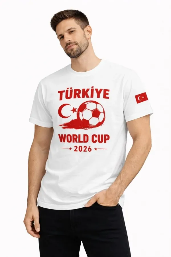 Erkek Türkiye World Cup 2026 Baskılı Tişört Futbol Temalı Forma T-Shirt - Beyaz
