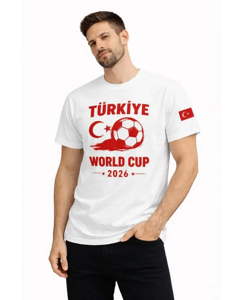 Erkek Türkiye World Cup 2026 Baskılı Tişört Futbol Temalı Forma T-Shirt - Beyaz