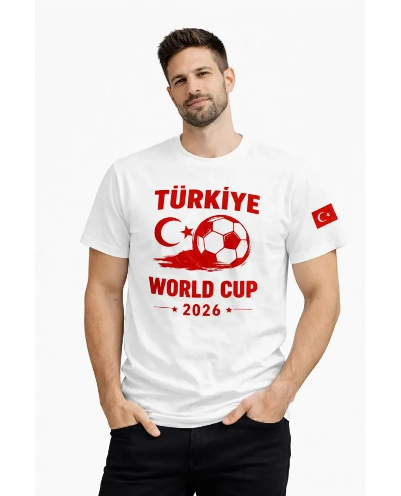 Erkek Türkiye World Cup 2026 Baskılı Tişört Futbol Temalı Forma T-Shirt - Beyaz