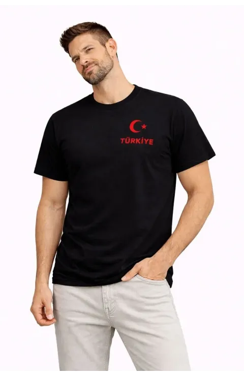 Erkek TÜRKİYE Ay Yıldız Baskılı Taraftar Forma T-Shirt - Siyah