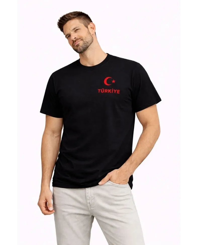 Erkek TÜRKİYE Ay Yıldız Baskılı Taraftar Forma T-Shirt - Siyah