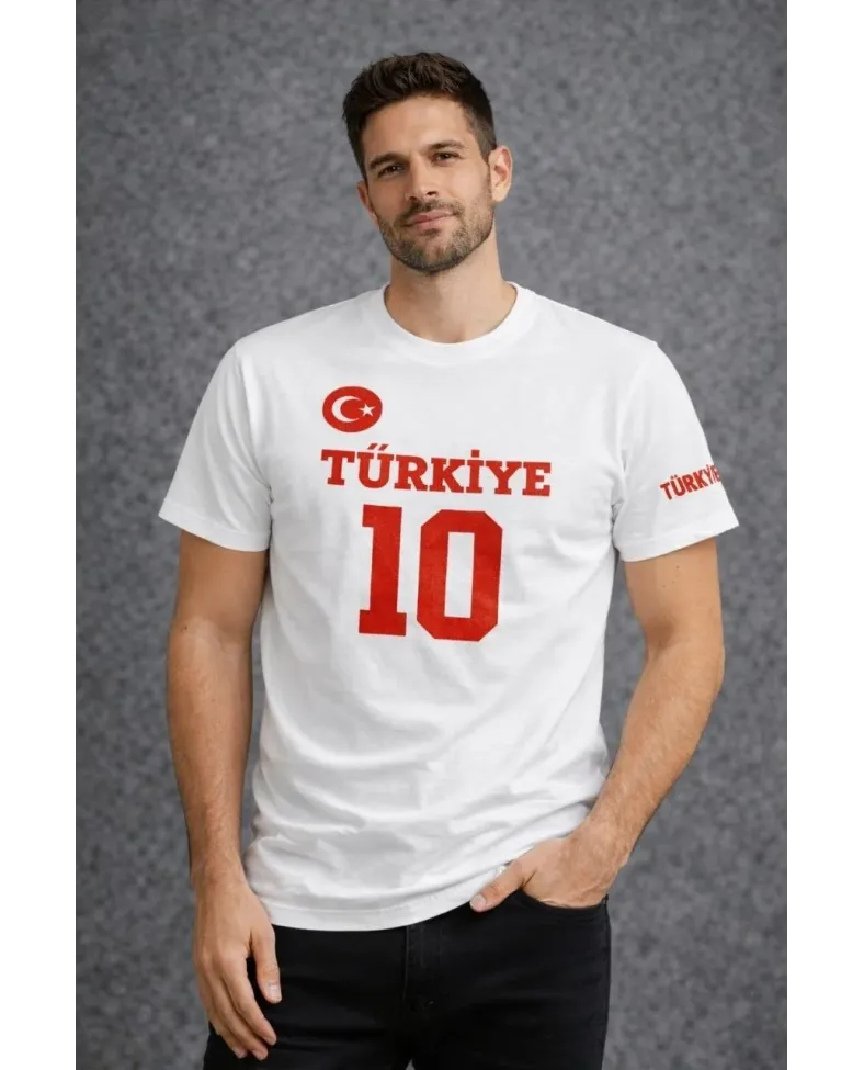 Erkek TÜRKİYE Ay Yıldız Baskılı 10 Numara Forma Tişört Taraftar T-Shirt - Beyaz