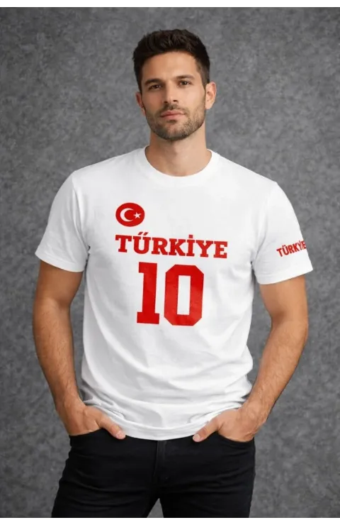 Erkek TÜRKİYE Ay Yıldız Baskılı 10 Numara Forma Tişört Taraftar T-Shirt - Beyaz