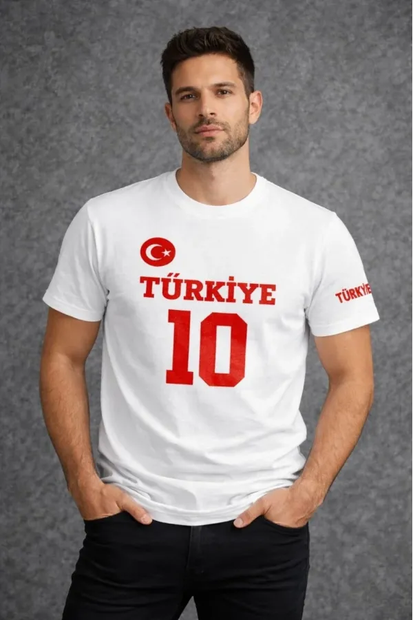 Erkek TÜRKİYE Ay Yıldız Baskılı 10 Numara Forma Tişört Taraftar T-Shirt - Beyaz