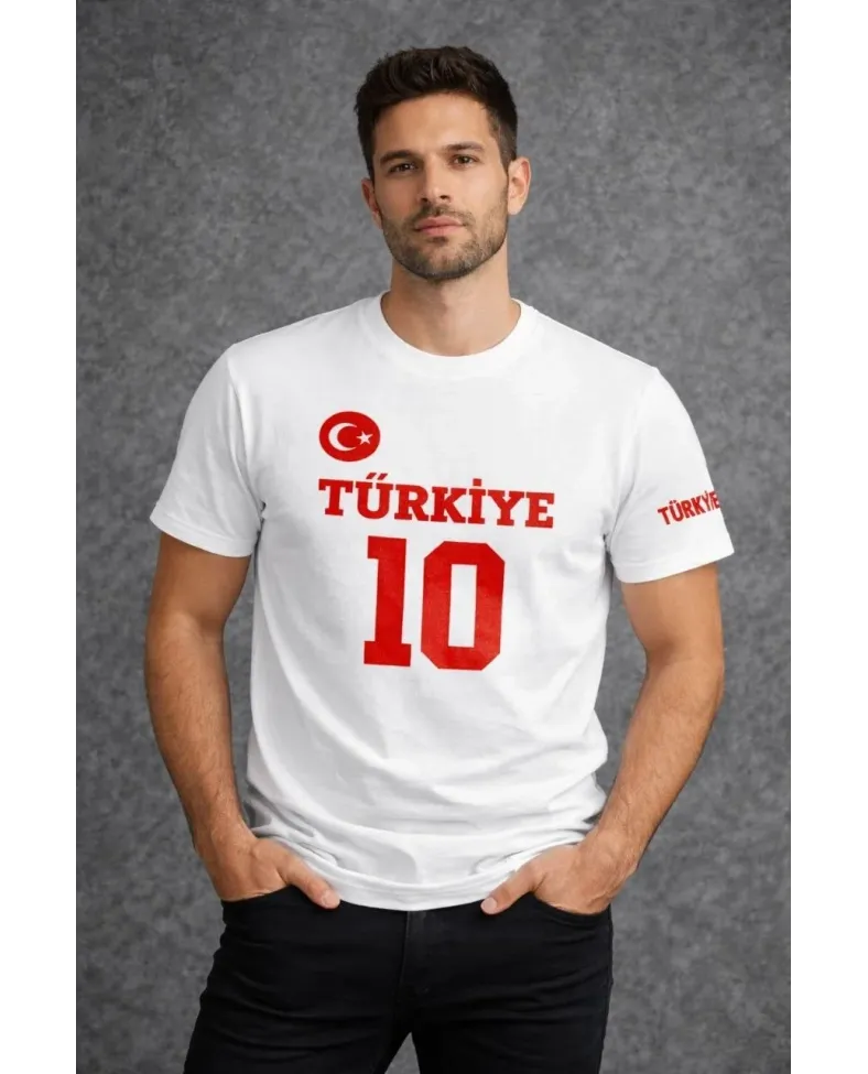 Erkek TÜRKİYE Ay Yıldız Baskılı 10 Numara Forma Tişört Taraftar T-Shirt - Beyaz