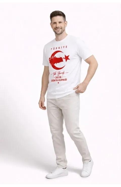 Erkek TÜRKİYE Ay Yıldız Baskılı Taraftar Forma T-Shirt - Beyaz