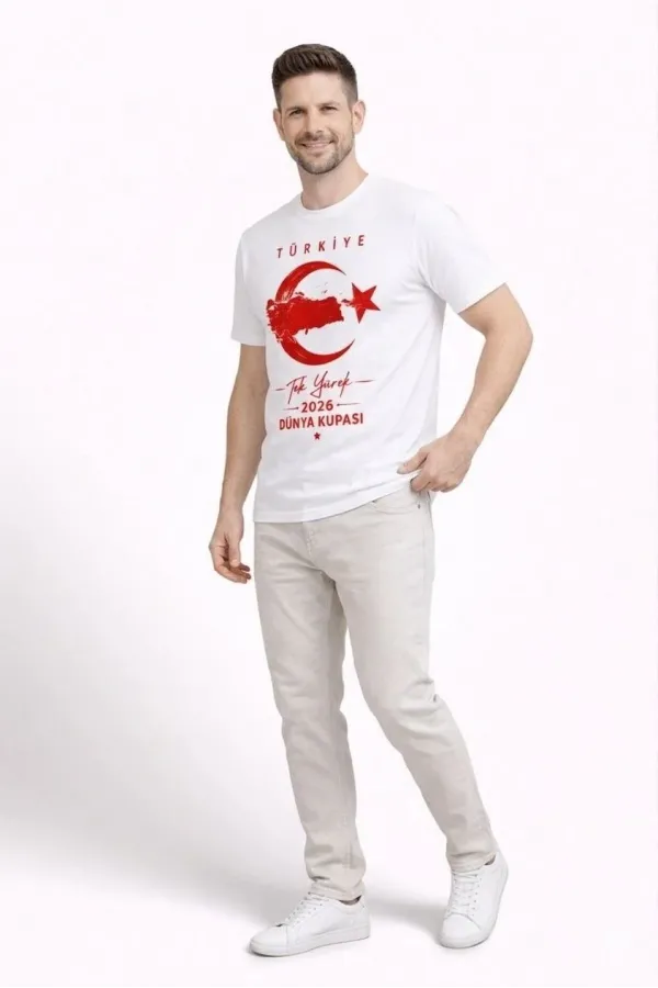 Erkek TÜRKİYE Ay Yıldız Baskılı Taraftar Forma T-Shirt - Beyaz