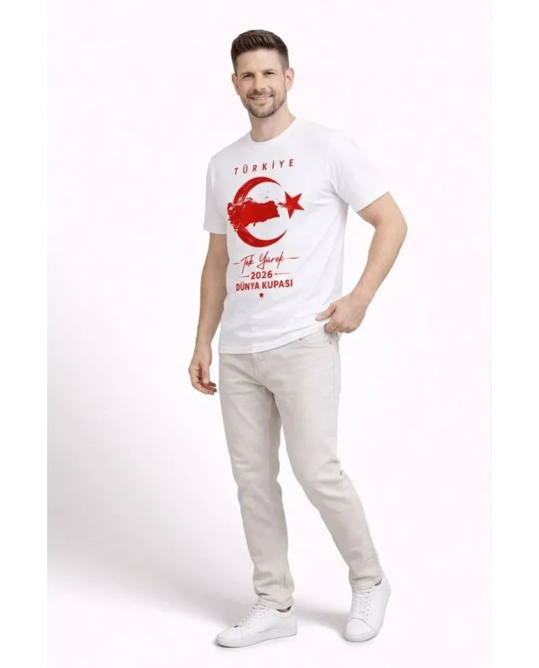 Erkek TÜRKİYE Ay Yıldız Baskılı Taraftar Forma T-Shirt - Beyaz