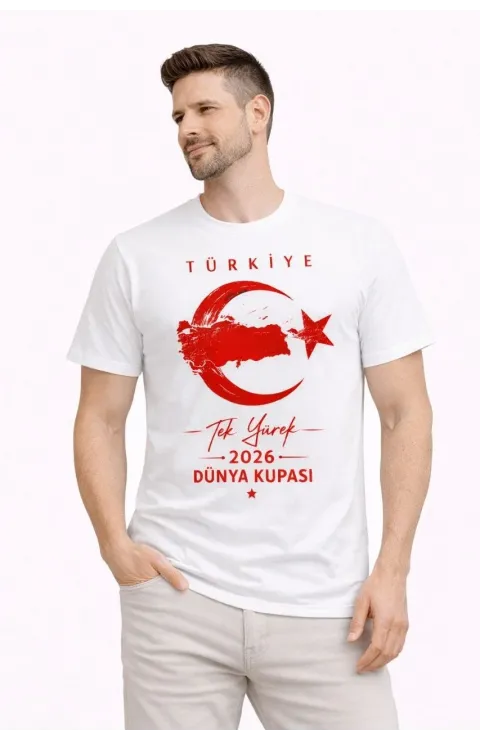 Erkek TÜRKİYE Ay Yıldız Baskılı Taraftar Forma T-Shirt - Beyaz