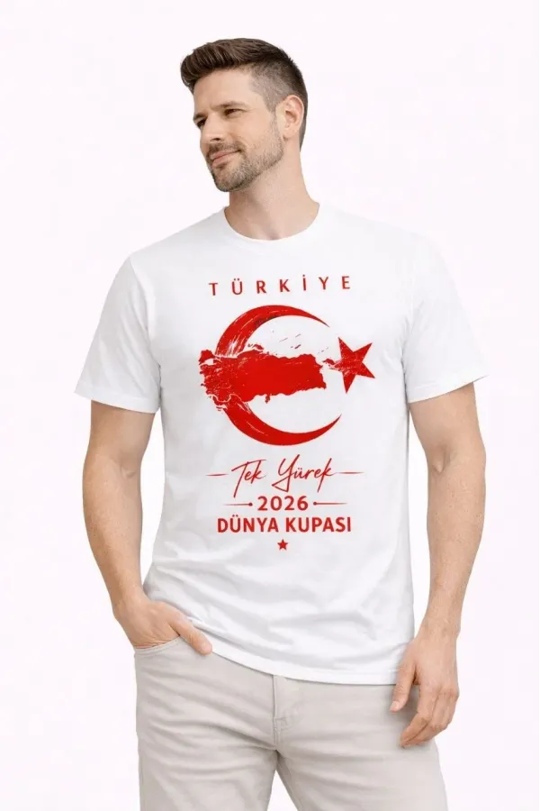 Erkek TÜRKİYE Ay Yıldız Baskılı Taraftar Forma T-Shirt - Beyaz