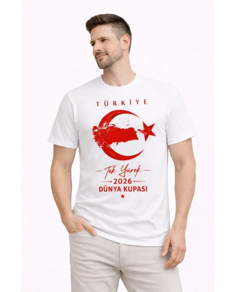 Erkek TÜRKİYE Ay Yıldız Baskılı Taraftar Forma T-Shirt - Beyaz