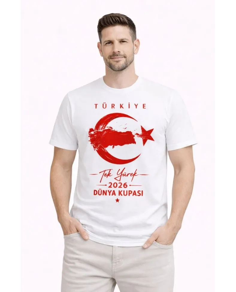 Erkek TÜRKİYE Ay Yıldız Baskılı Taraftar Forma T-Shirt - Beyaz