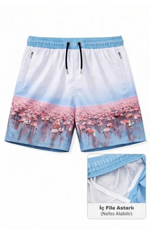 Erkek Deniz Şortu Fermuarlı Cepli File Astarlı Hızlı Kuruyan Premium - Beyaz