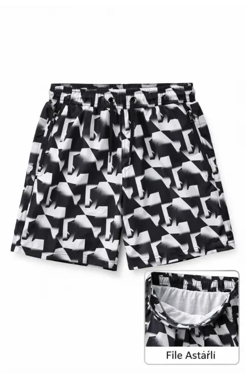 Erkek Deniz Şortu Fermuarlı Cepli File Astarlı Hızlı Kuruyan Premium - Siyah