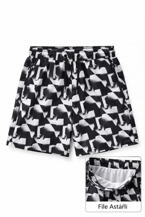 Erkek Deniz Şortu Fermuarlı Cepli File Astarlı Hızlı Kuruyan Premium - Siyah