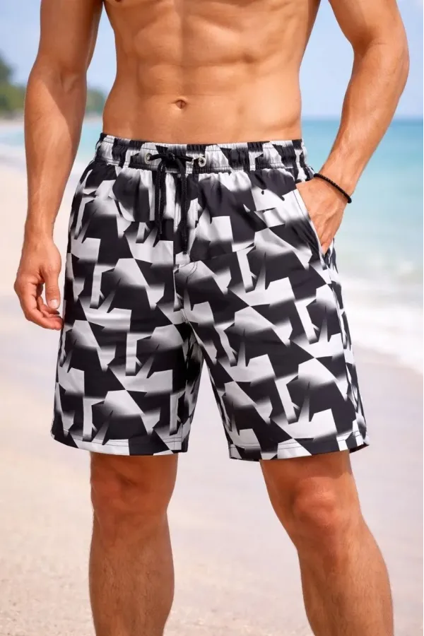 Erkek Deniz Şortu Fermuarlı Cepli File Astarlı Hızlı Kuruyan Premium - Siyah