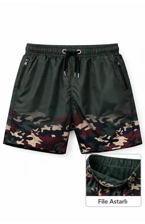 Erkek Deniz Şortu Fermuarlı Cepli File Astarlı Hızlı Kuruyan Premium - Haki