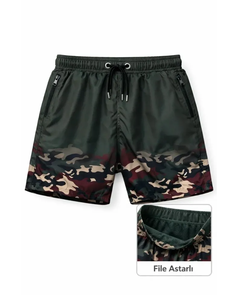 Erkek Deniz Şortu Fermuarlı Cepli File Astarlı Hızlı Kuruyan Premium - Haki Somersan Giyim | Kadın, Erkek ve Çocuk Moda