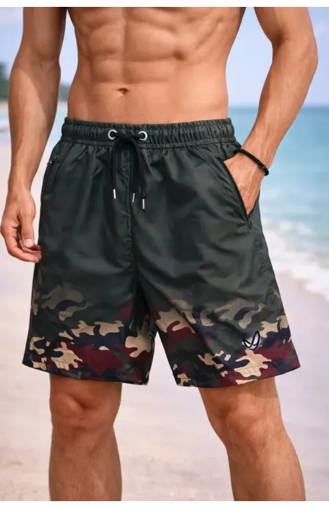 Erkek Deniz Şortu Fermuarlı Cepli File Astarlı Hızlı Kuruyan Premium - Haki
