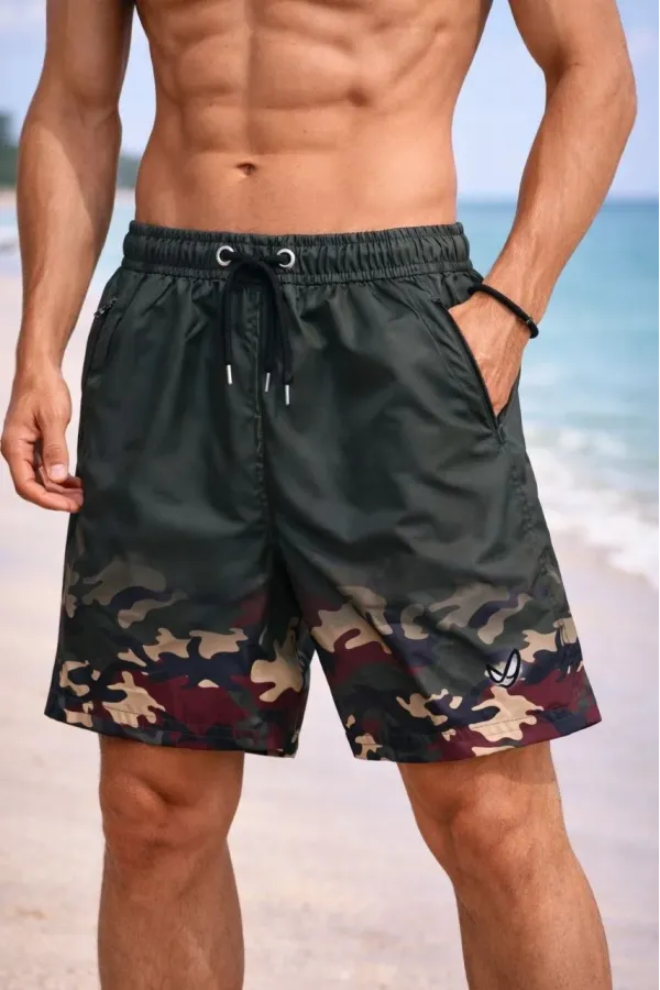 Erkek Deniz Şortu Fermuarlı Cepli File Astarlı Hızlı Kuruyan Premium - Haki