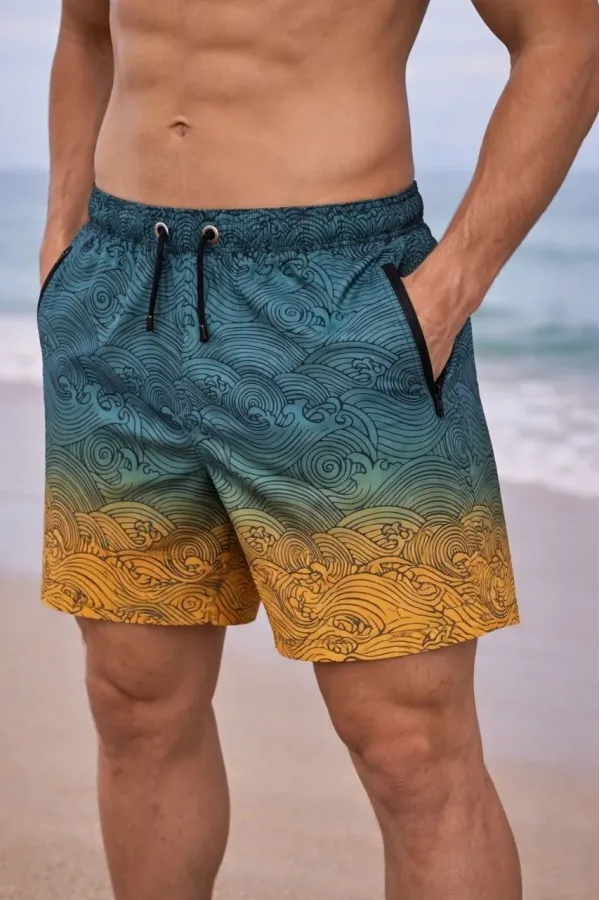 Erkek Deniz Şortu Fermuarlı Cepli File Astarlı Hızlı Kuruyan Premium - Çok Renkli