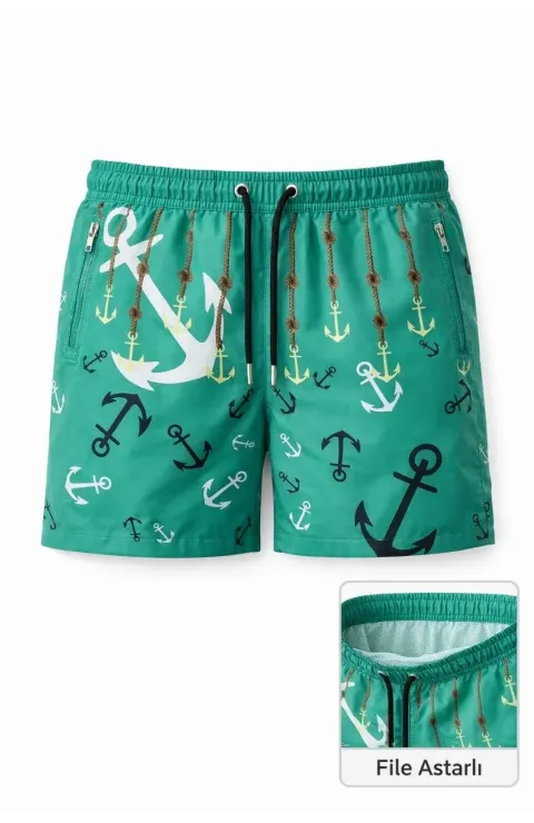 Erkek Deniz Şortu Fermuarlı Cepli File Astarlı Hızlı Kuruyan Premium - Su Yeşili