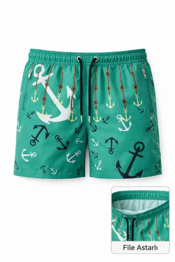 Erkek Deniz Şortu Fermuarlı Cepli File Astarlı Hızlı Kuruyan Premium - Su Yeşili