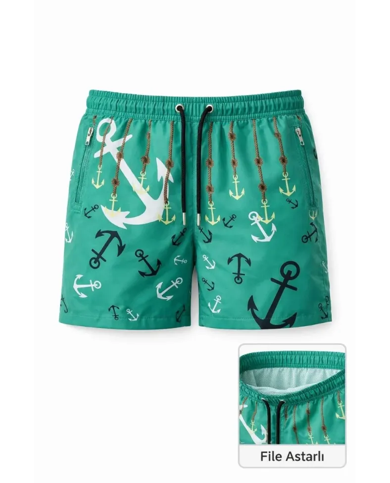 Erkek Deniz Şortu Fermuarlı Cepli File Astarlı Hızlı Kuruyan Premium - Su Yeşili Somersan Giyim | Kadın, Erkek ve Çocuk Moda