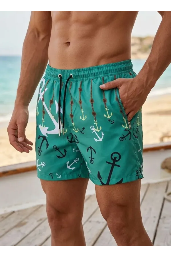 Erkek Deniz Şortu Fermuarlı Cepli File Astarlı Hızlı Kuruyan Premium - Su Yeşili
