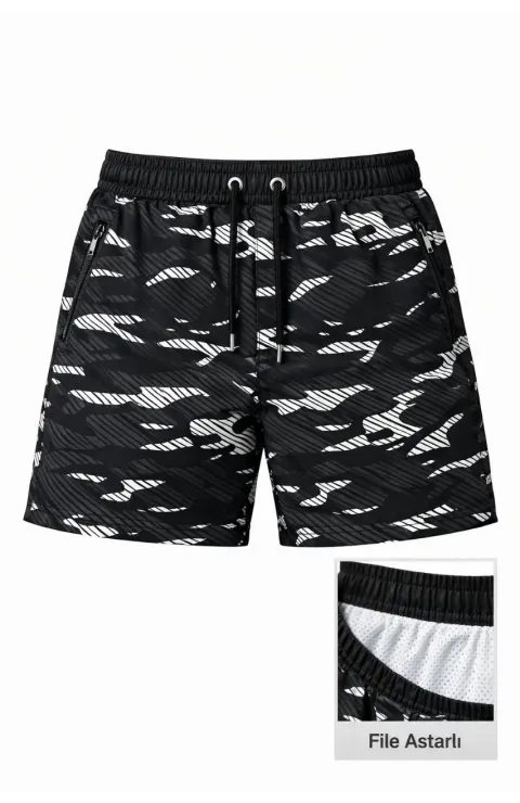 Erkek Deniz Şortu Fermuarlı Cepli File Astarlı Hızlı Kuruyan Premium - Siyah