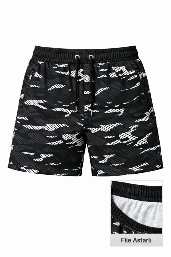Erkek Deniz Şortu Fermuarlı Cepli File Astarlı Hızlı Kuruyan Premium - Siyah