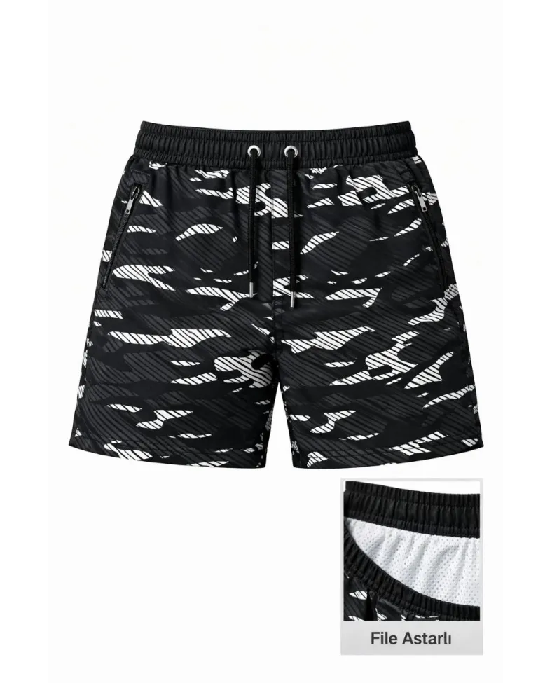 Erkek Deniz Şortu Fermuarlı Cepli File Astarlı Hızlı Kuruyan Premium - Siyah Somersan Giyim | Kadın, Erkek ve Çocuk Moda