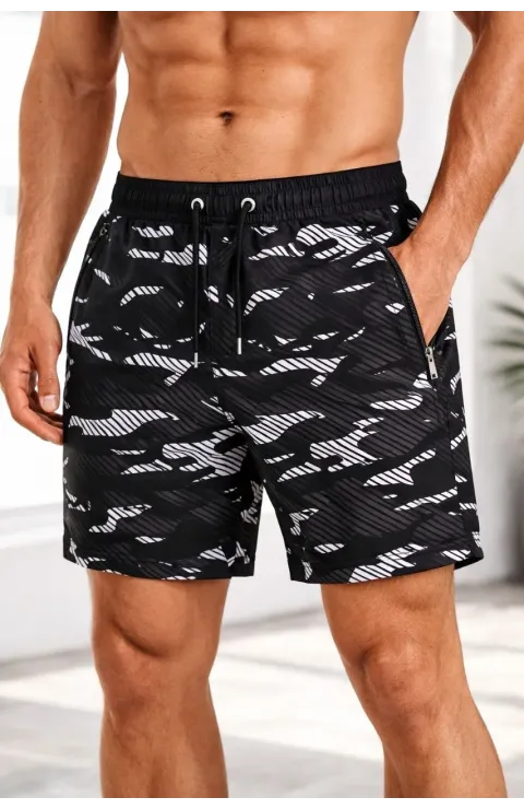 Erkek Deniz Şortu Fermuarlı Cepli File Astarlı Hızlı Kuruyan Premium - Siyah