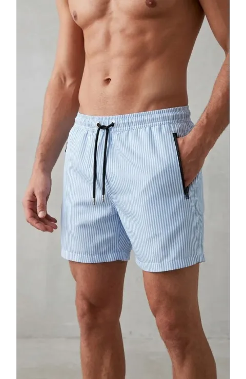 Erkek Deniz Şortu Fermuarlı Cepli File Astarlı Hızlı Kuruyan Premium - Bebek Mavisi