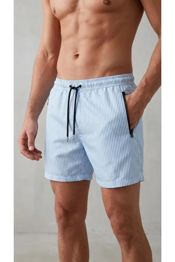 Erkek Deniz Şortu Fermuarlı Cepli File Astarlı Hızlı Kuruyan Premium - Bebek Mavisi