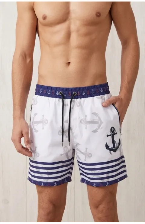 Erkek Deniz Şortu Fermuarlı Cepli File Astarlı Hızlı Kuruyan Premium - Beyaz