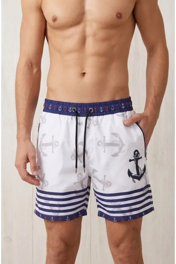 Erkek Deniz Şortu Fermuarlı Cepli File Astarlı Hızlı Kuruyan Premium - Beyaz